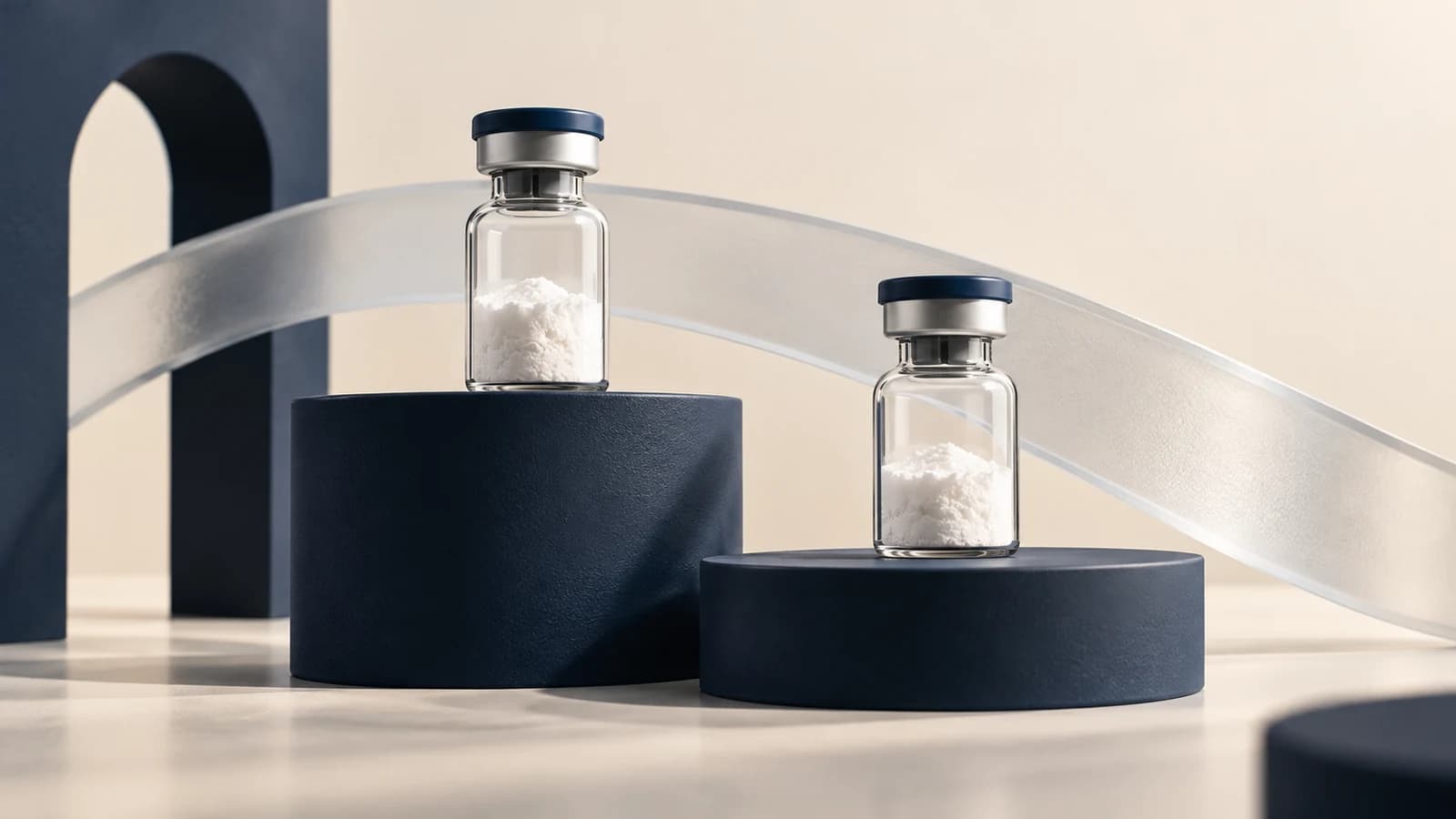 Two white-powder vials on separate navy platforms linked visually by curved glass.