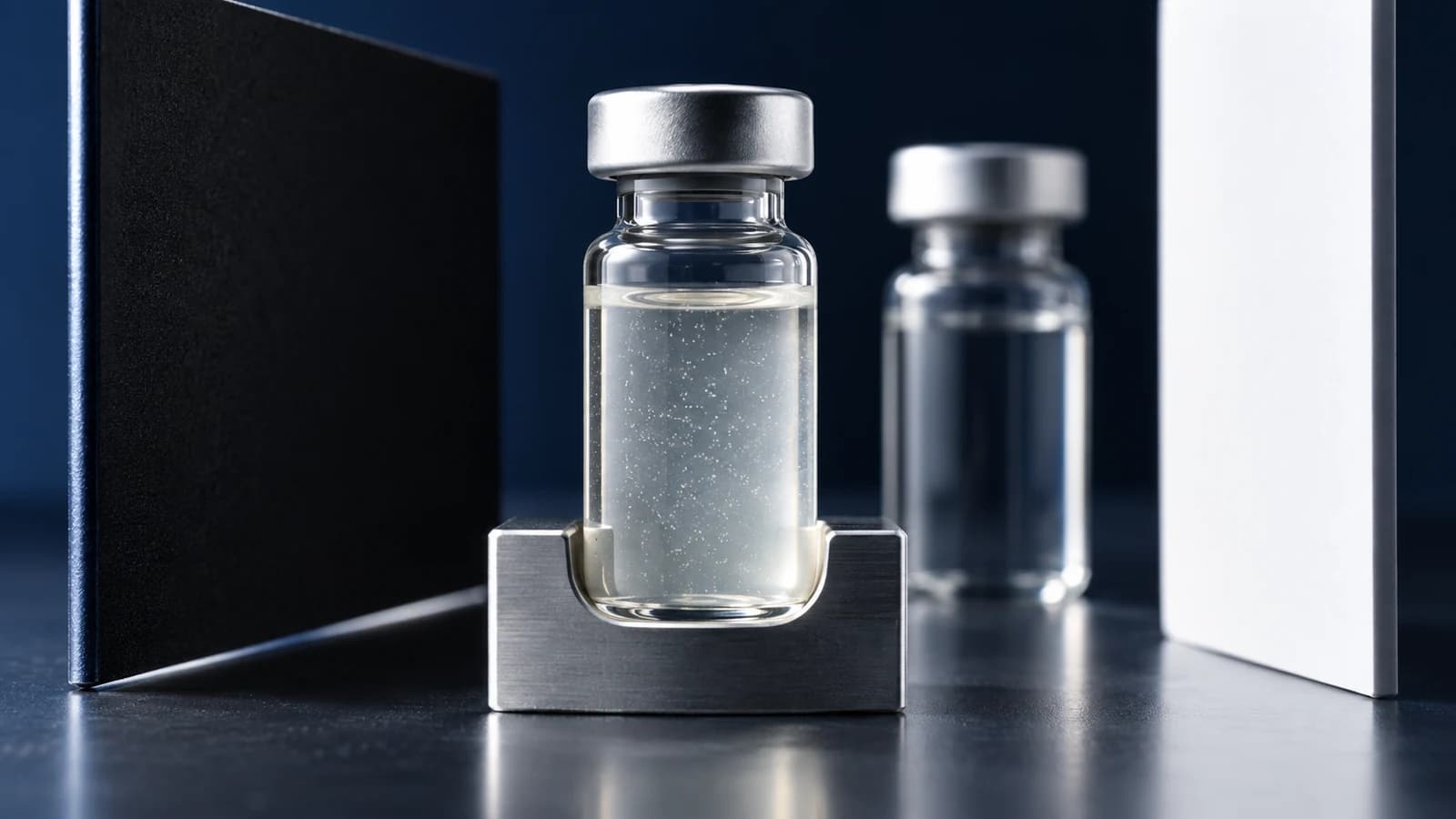 A vial with visible suspended particles in an optical inspection setup.