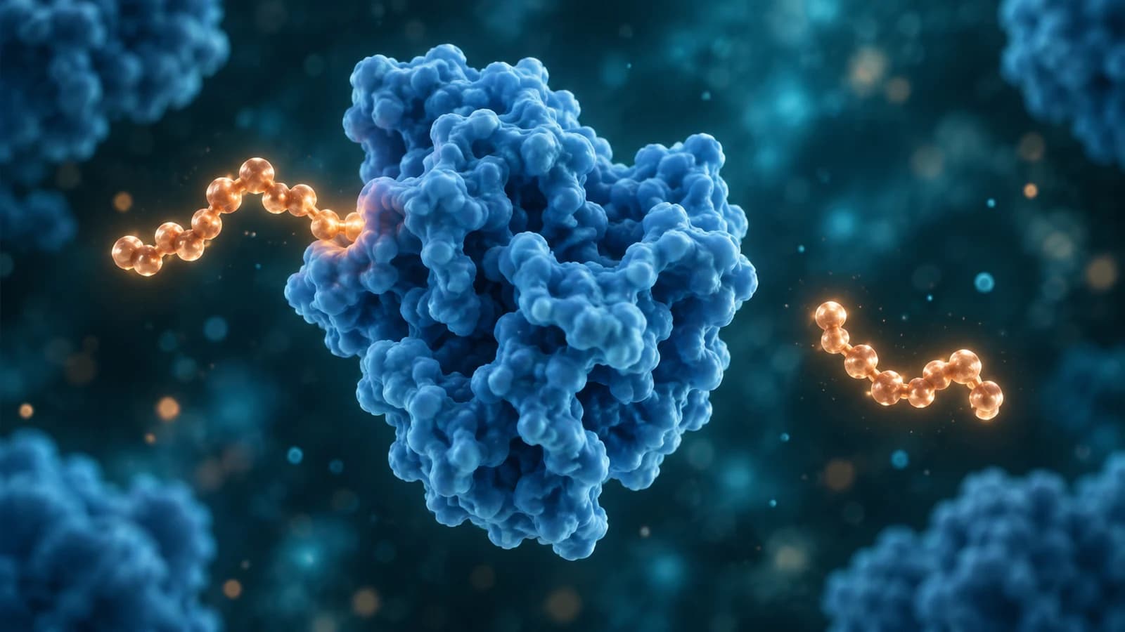 Conceptual peptide attached to an albumin-like protein beside an unattached peptide illustrating conjugation status